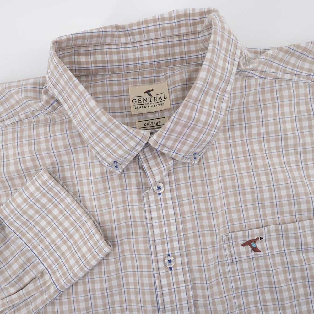 Genteal Classic Cotton Plaid Button Down Tan Blue Long Sleeve Men XXL Shirt